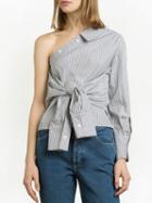 Choies Gray Pinstripe One Shoulder Tie Front Shirt