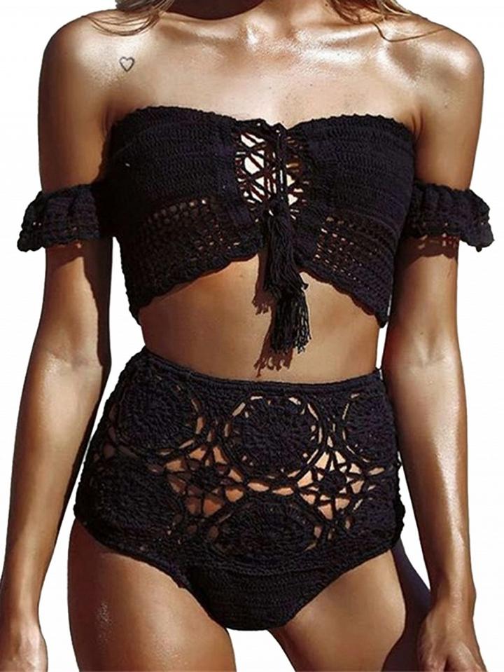 Choies Black Off Shoulder Lace Up Crochet Bikini Top And Bottom