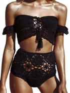 Choies Black Off Shoulder Lace Up Crochet Bikini Top And Bottom