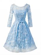 Choies Blue Embroidery Lace Cut Out Back Long Sleeve Skater Dress