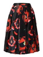 Choies Black Elastic Waist Midi Skirt With Red Floral Print