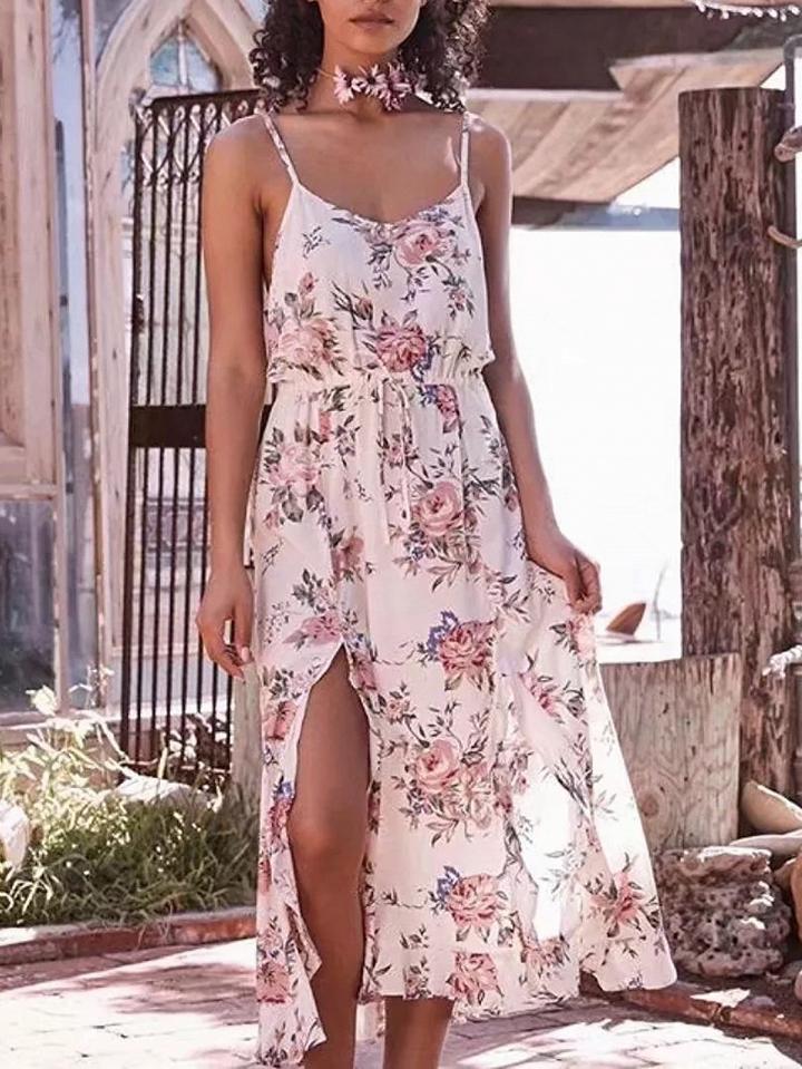 Choies White Cotton Blend Floral Print Ruffle Trim Chic Women Cami Midi Dress