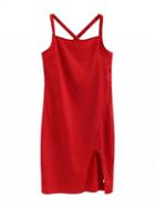 Choies Red Satin Look Strap Back Cross Side Split Bodycon Dress