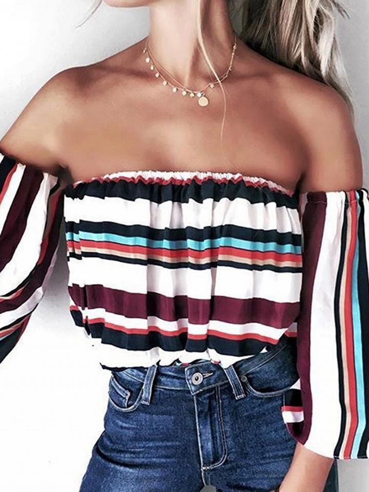 Choies Multicolor Rainbow Stripe Off Shoulder Long Sleeve Blouse
