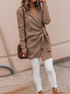 Choies Khaki V-neck Tie Waist Long Sleeve Chic Women Wool Blend Coat