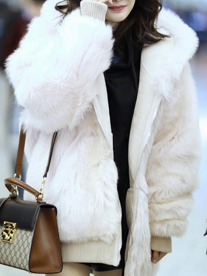 Choies Light Pink Fluffy Hooded Faux Fur Coat
