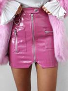 Choies Pink High Waist Zip Front Leather Look Pencil Mini Skirt