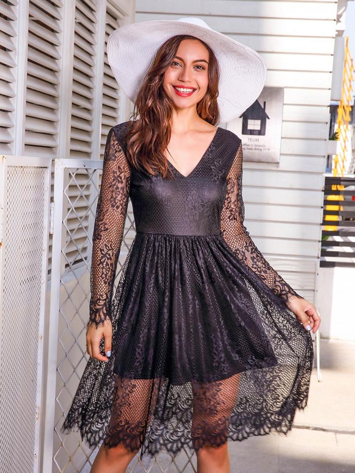 Choies Black V-neck Sheer Sleeve Mesh Overlay Dress