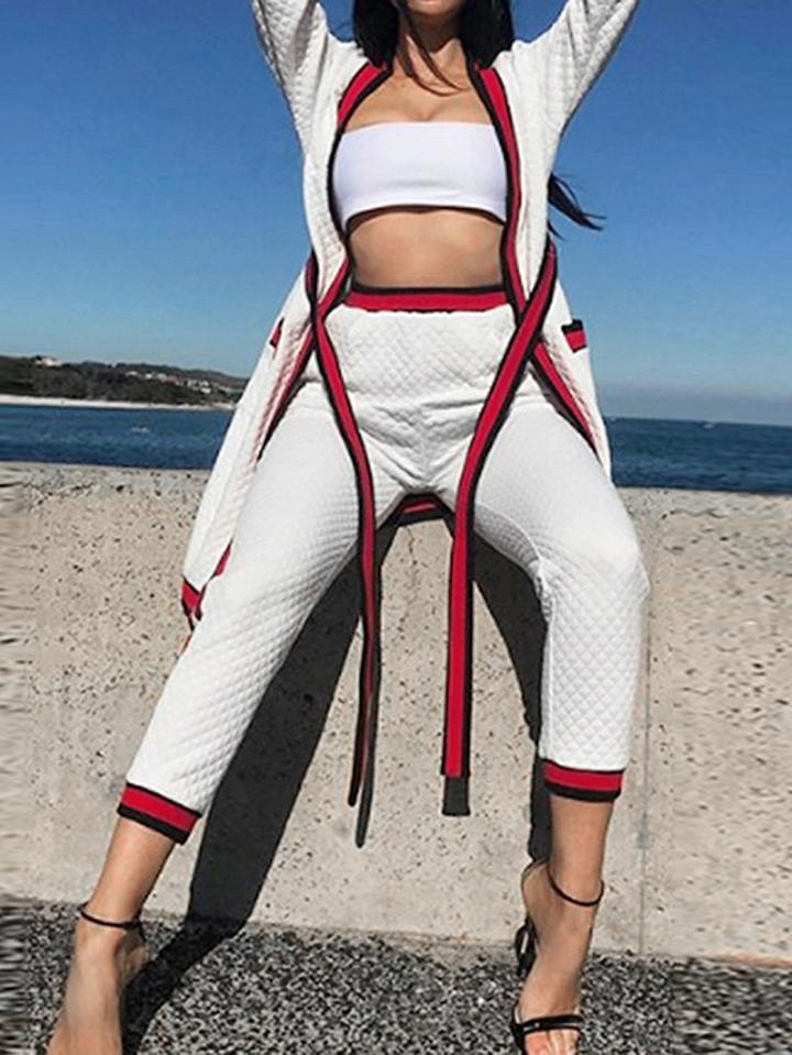 Choies White Contrast Stripe Panel Open Front Long Sleeve Chic Women Cardigan