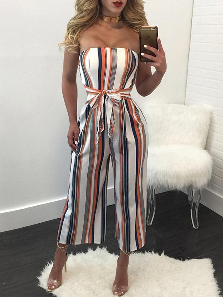Choies Polychrome Stripe Stretch Bandeau Tie Waist Jumpsuit