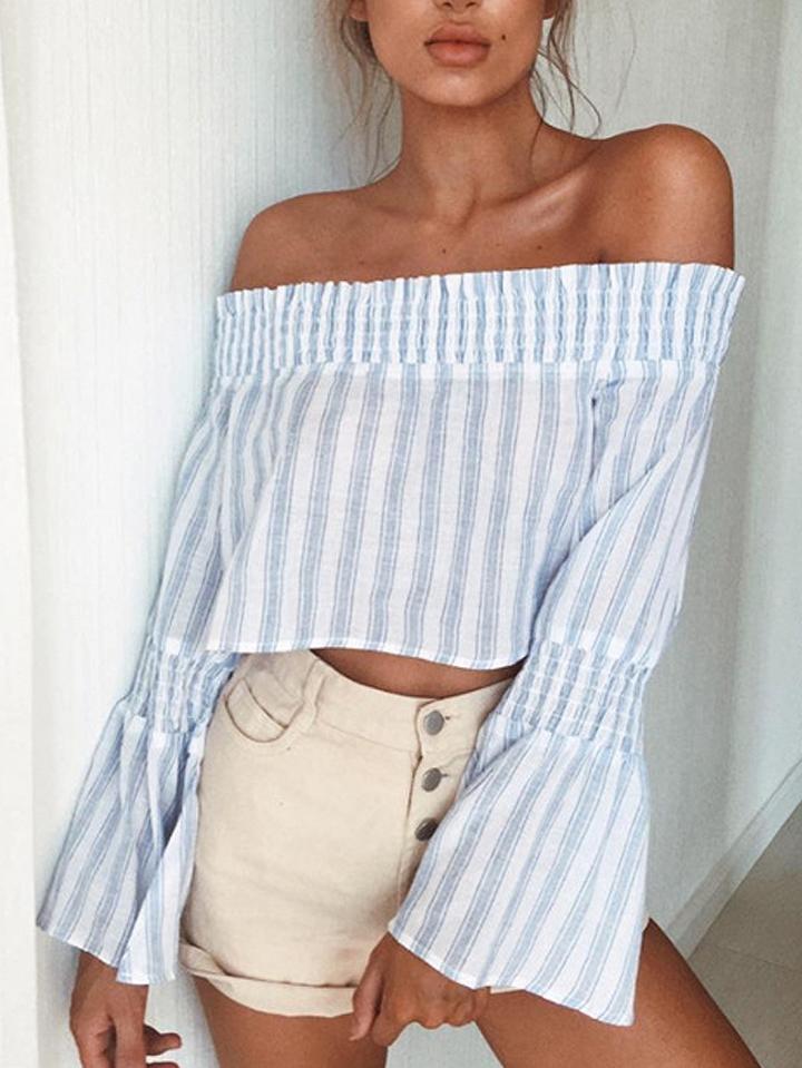 Choies Blue Stripe Stretch Off  Shoulder Flared Sleeve Cropped Blouse