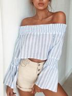 Choies Blue Stripe Stretch Off  Shoulder Flared Sleeve Cropped Blouse