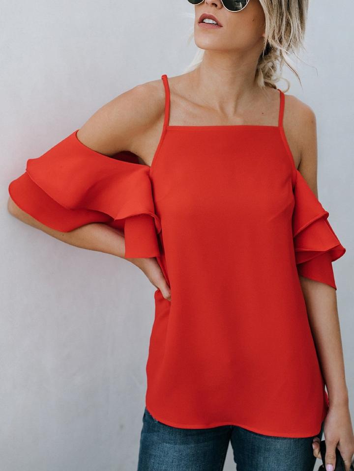Choies Red Chiffon Cold Shoulder Ruffle Sleeve Chic Women Cami Blouse