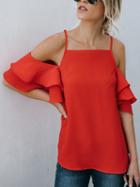 Choies Red Chiffon Cold Shoulder Ruffle Sleeve Chic Women Cami Blouse
