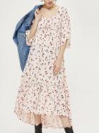 Choies Pink V-neck Floral Print Drawstring Detail Ruffle Hem Maxi Dress