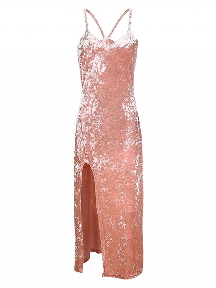 Choies Pink Split Crushed Velvet Cami Maxi Dress