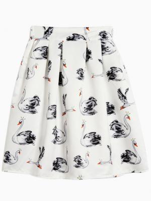 Choies Swan Print High Waist Pleated Skirt In White