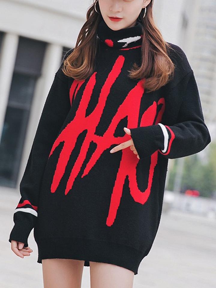 Choies Black Contrast Stripe High Neck Knit Sweater