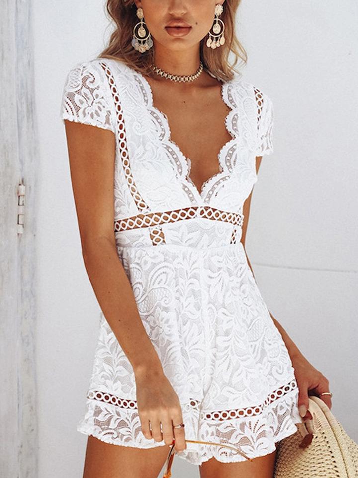 Choies White Plunge Cut Out Detail Chic Women Lace Romper Playsuit