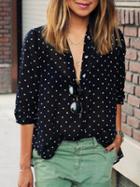 Choies Black Polka Dot Print Long Sleeve Loose Shirt