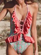 Choies Green Nylon Halter Plunge Floral Print Open Back Chic Women Swimsuit