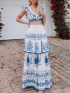 Choies White Chiffon V-neck Folk Print Chic Women Crop Top And Maxi Skirt