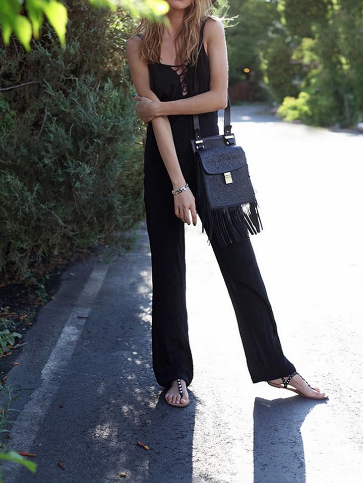 Choies Black Spaghetti Strap Lace Up Front Open Back Chic Women Jumpsuit