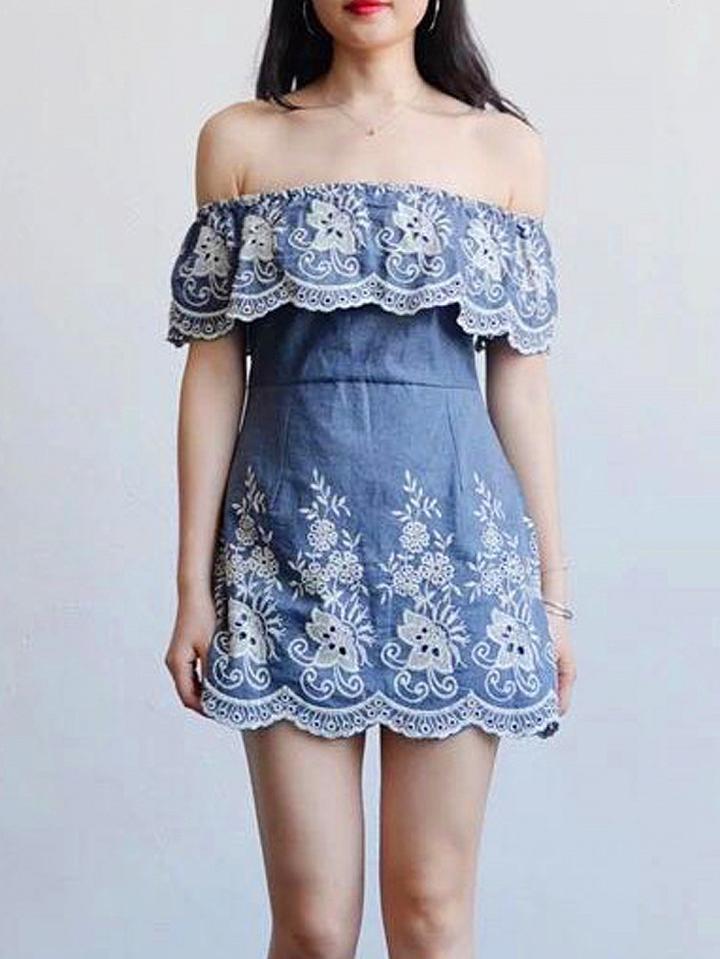 Choies Blue Off Shoulder Embroidery Ruffle Denim Mini Dress