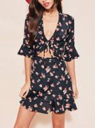 Choies Black Cherry Print Tie Front Open Belly Flare Sleeve Dress