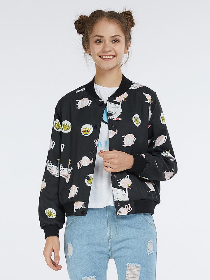 Choies Black Swan Print Long Sleeve Bomber Jacket