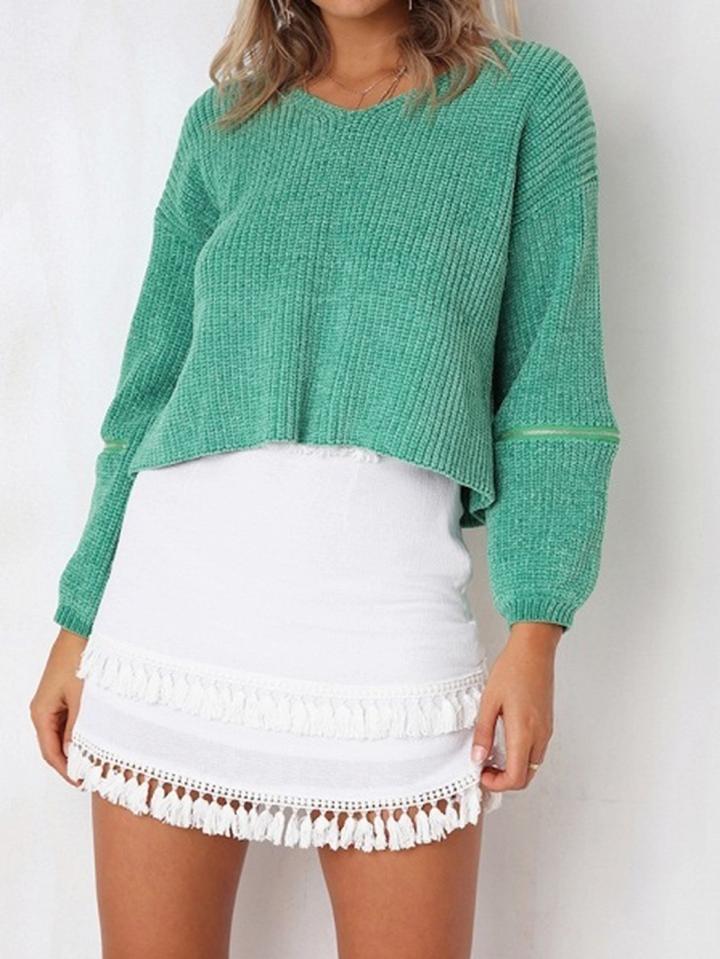 Choies Green V-neck Long Sleeve Chic Women Knit Sweater