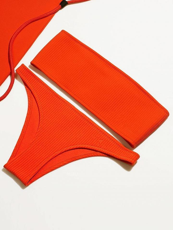 Choies Red Bandeau Ribbed Bikini Top And Bottom