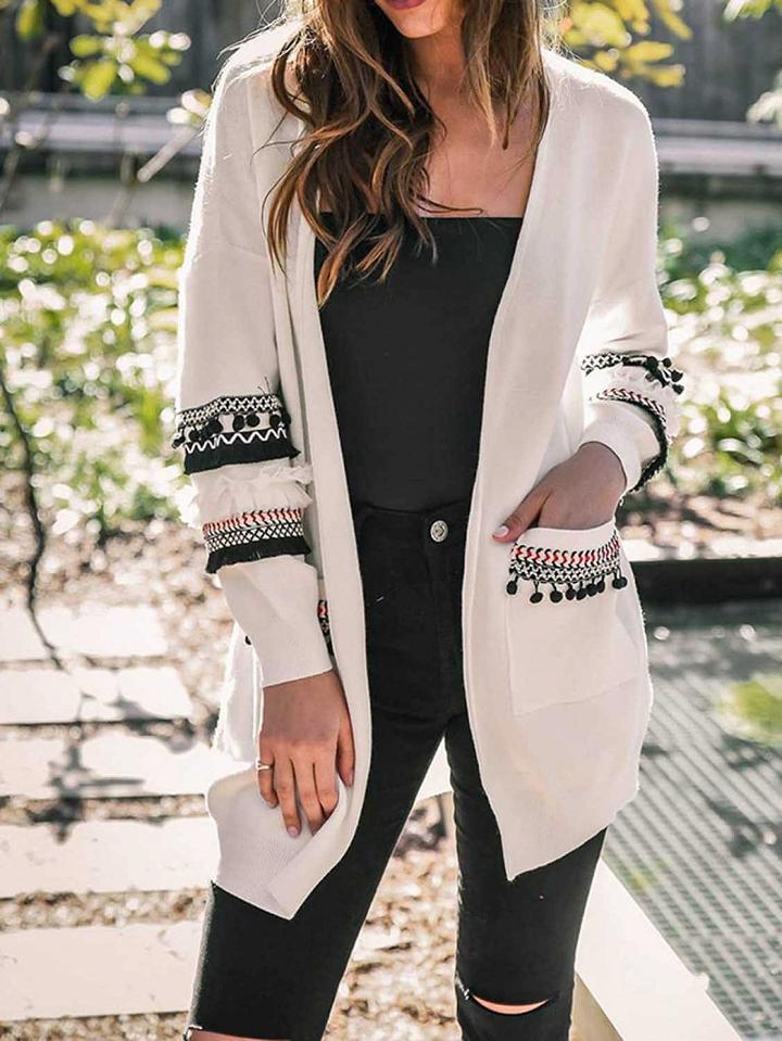 Choies White Open Front Folk Panel Pocket Detail Long Sleeve Knit Cardigan
