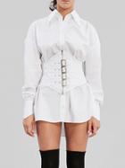 Choies White Buckle Strap Waist Long Sleeve Chic Women Mini Dress