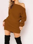 Choies Brown Ribbed Asymmetric Neck Long Sleeve Bodycon Mini Dress