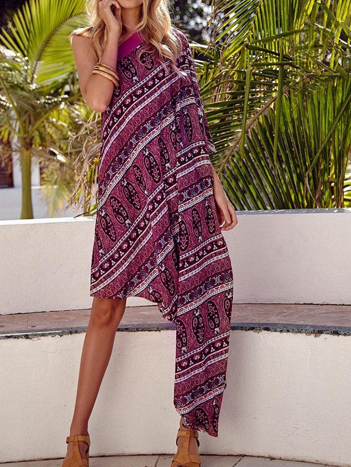 Choies Purple One Shoulder Folk Print Asymmetric Hem Dress