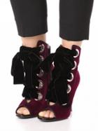 Choies Burgundy Suede Peep Toe Lace Up Detail Heeled Sandals