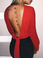 Choies Red V Neck Wrap Tie Back Waist Long Sleeve Top