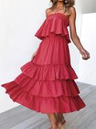 Choies Red Bandeau Layered Ruffle Hem Women Midi Dress