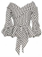 Choies Brown Stripe Cross Front Tie Waist Puff Sleeve Blouse