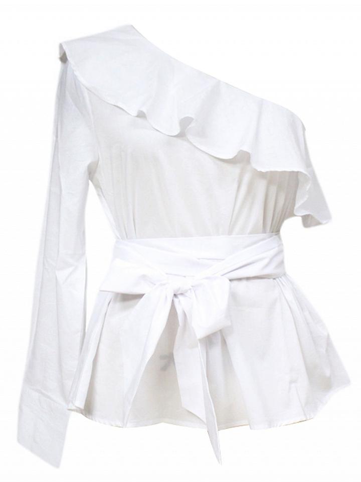 Choies White One Shoulder Tie Waist Ruffle Trim Blouse