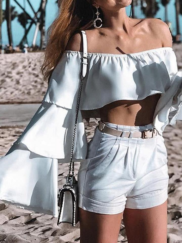 Choies White Chiffon Off Shoulder Layered Flare Sleeve Chic Women Crop Blouse