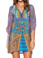Choies Multicolor Tribe Geo Print Tie Front 3/4 Sleeve Shift Dress