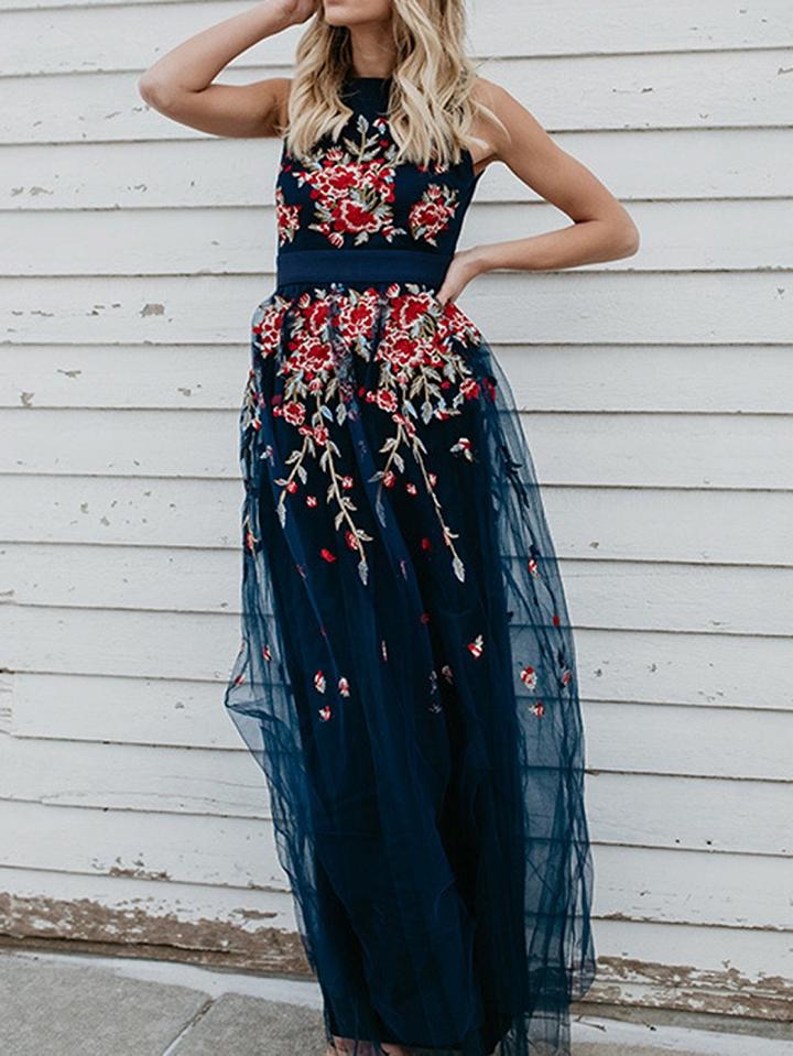 Choies Dark Blue Floral Embroidery Sleeveless Chic Women Mesh Maxi Dress