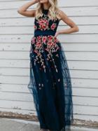 Choies Dark Blue Floral Embroidery Sleeveless Chic Women Mesh Maxi Dress