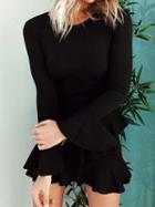 Choies Black Crew Neck Ruffle Trim Flare Sleeve Chic Women Mini Dress