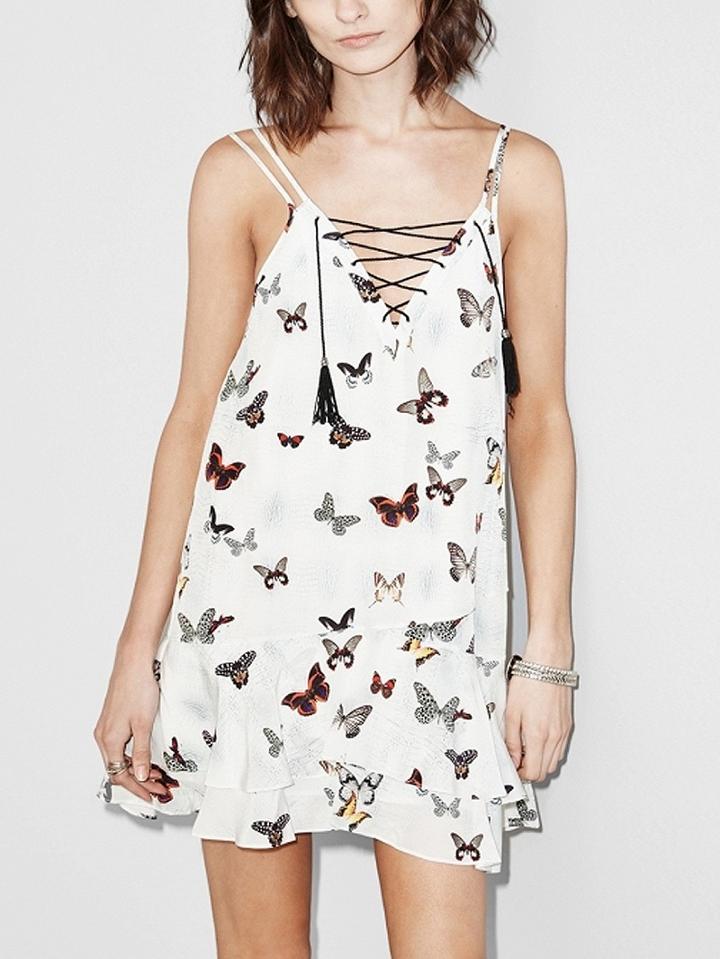 Choies Polychrome Butterfly Print Lace Up Front Ruffle Trim Mini Dress