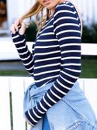Choies Blue Stripe Backless Long Sleeve T-shirt