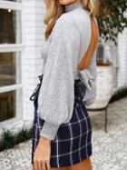 Choies Gray Ribbed High Neck Open Back Puff Sleeve Chic Women Blouse