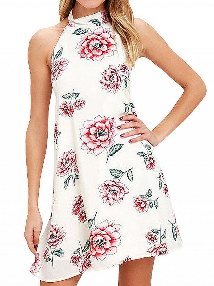 Choies White Halter Floral Backless Mini Dress